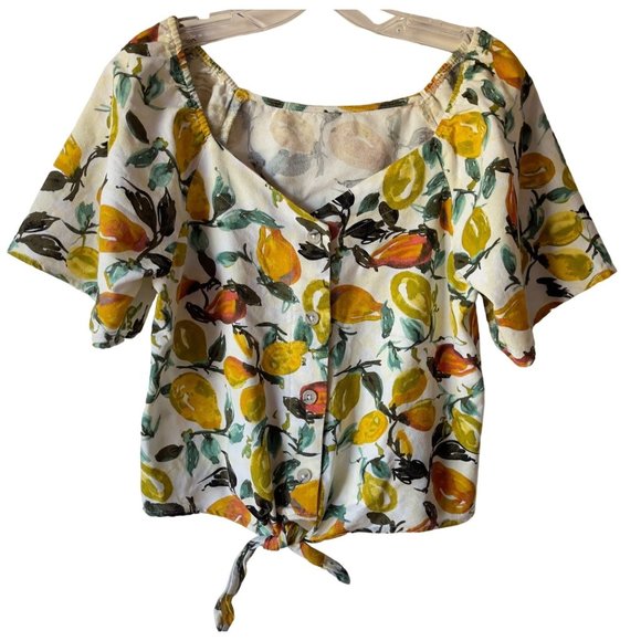 Modcloth Tops - Modcloth Blouse Womens Size M Pear Print Button Tie Front Retro Linen Blend